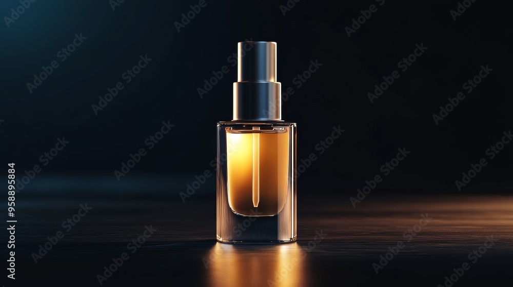 Naklejka premium A sleek glass bottle containing a golden liquid, elegantly illuminated against a dark background.