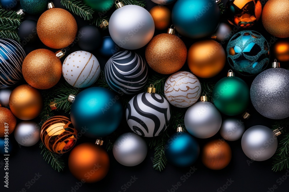 Abstract Christmas, scattered ornaments, random arrangement suggest the playful chaos of the holiday season Abstract Christmas, scattered ornaments, random arrangement suggest the playful chaos of the holiday season