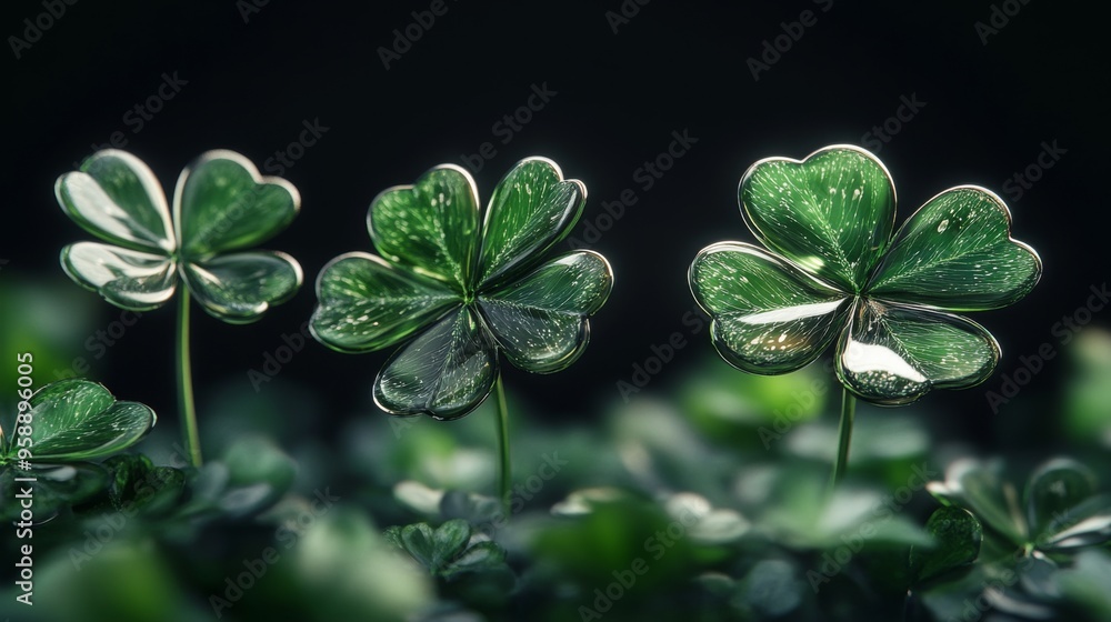 Three Shiny Green Four-Leaf Clovers in Close-Up Three Shiny Green Four-Leaf Clovers in Close-Up