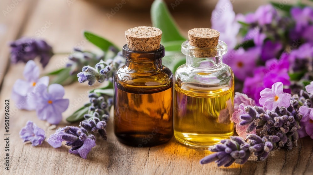Essential Oils and Lavender Flowers Arranged on Wooden Surface Indoors Essential Oils and Lavender Flowers Arranged on Wooden Surface Indoors