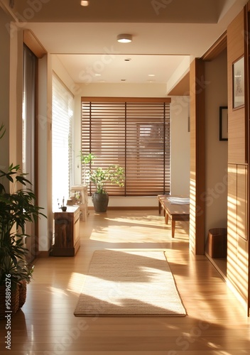 Modern Minimalist Home Interior Design With Wooden Floor And Blinds