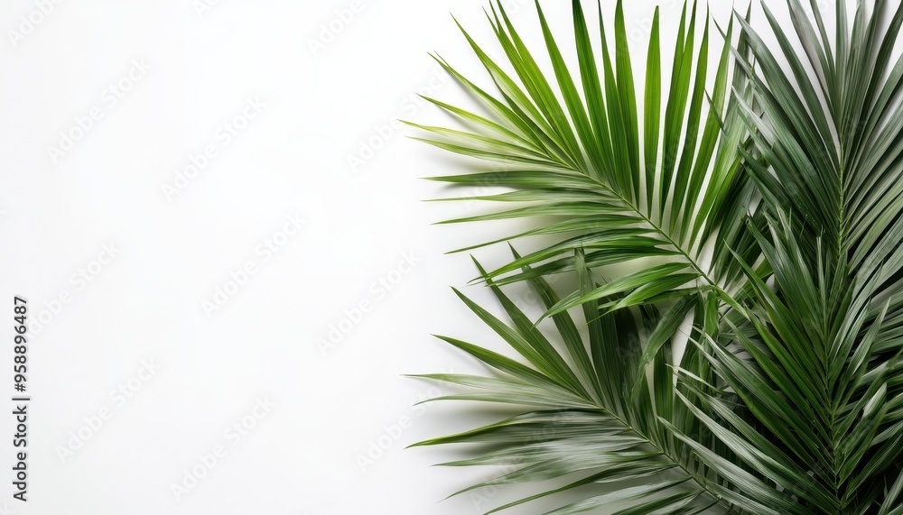 Fototapeta premium Lush green palm leaves against a minimalistic white background, perfect for nature-inspired designs and serene environments.