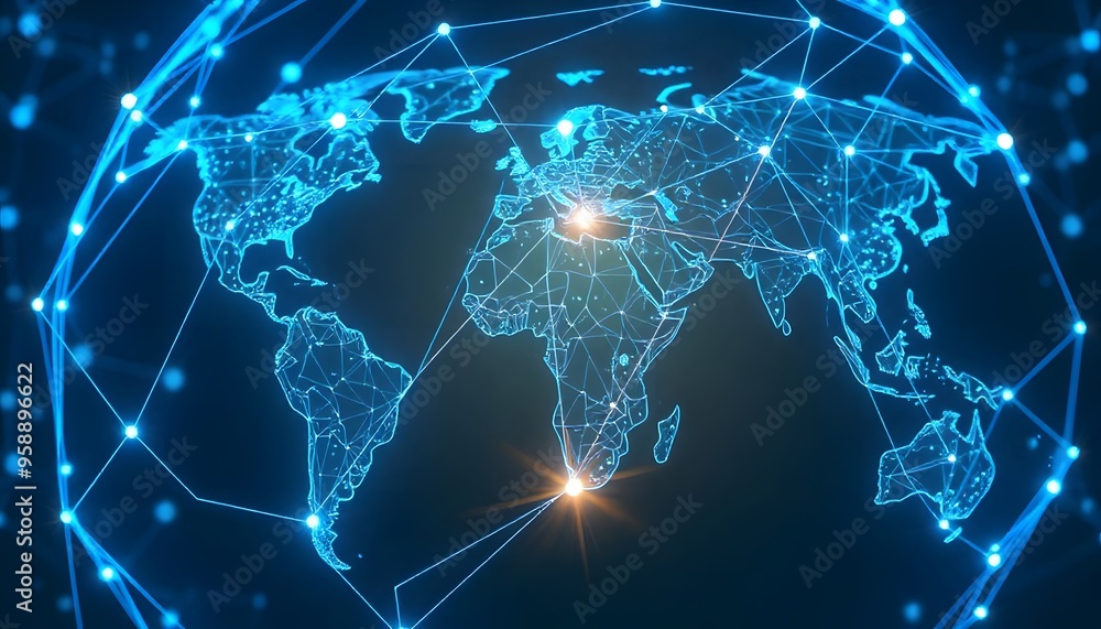 A glowing blue globe showing the continents and a network of interconnected lines representing global connectivity A glowing blue globe showing the continents and a network of interconnected lines representing global connectivity