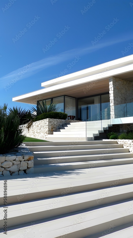 Modern House With White Stone Stairs and Blue Sky Modern House With White Stone Stairs and Blue Sky