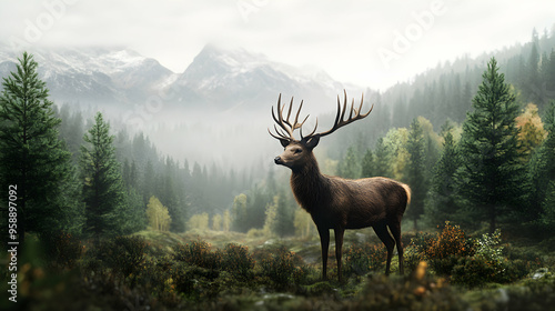 Majestic stag with large antlers standing in a misty forest with mountains in the background.