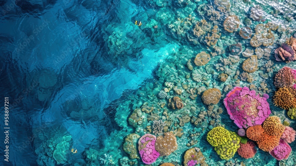Naklejka premium Aerial View of Vibrant Coral Reefs in Crystal Clear Tropical Ocean Waters with Colorful Marine Life