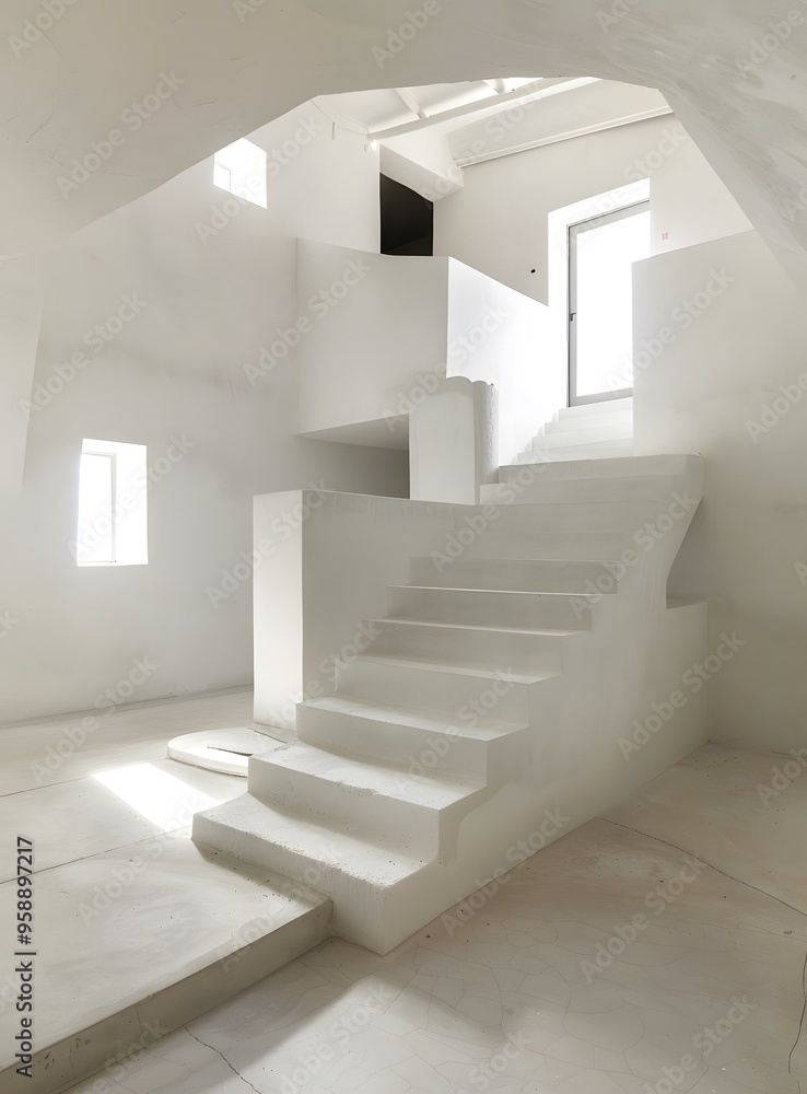 Obraz premium Modern Minimalist Interior Design Of A White Room With Stairs