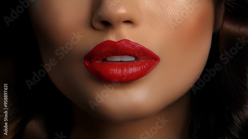 Makeup of a girl, emphasis on brightly painted lips. Beautiful lips of a woman with red lipstick, close-up.