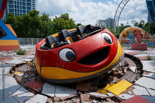 Accident, in an amusement park, ride malfunction causes panic and injuries among the riders photo