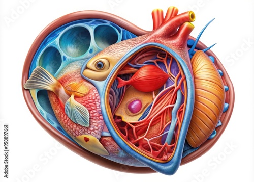 Detailed illustration of a fish heart's internal structures, showcasing atrium, ventricle, valves, and blood vessels in vibrant colors, ideal for educational or scientific contexts. photo