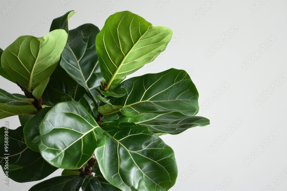 Fototapeta premium Vibrant green fiddle leaf fig leaves against a neutral background, perfect for enhancing modern botanical aesthetics.