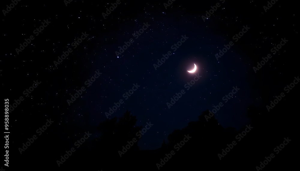 Crescent moon in a dark blue night sky with silhouetted trees in the foreground Crescent moon in a dark blue night sky with silhouetted trees in the foreground
