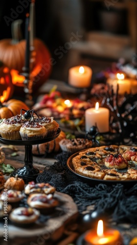 Halloween Feast Table with Spooky Decorations, Eyeball Soup, and Dark Shadows Under Candlelight