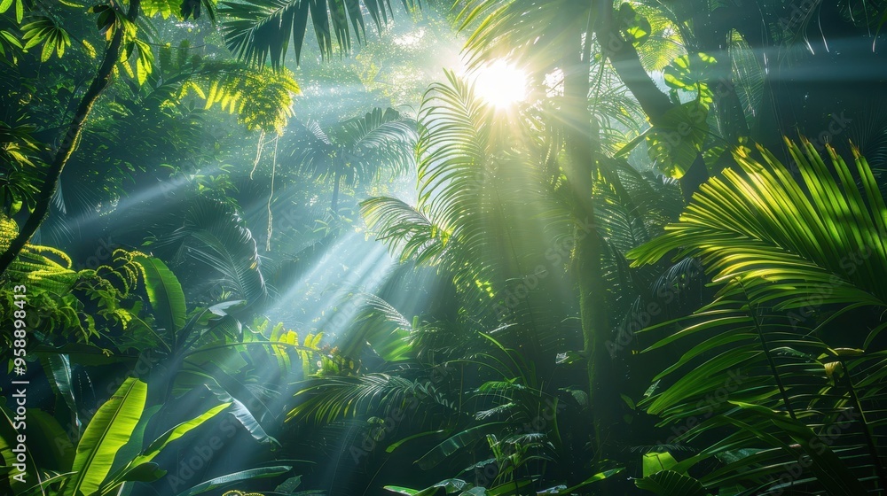 Obraz premium Sunlight Filtering Through Lush Green Tropical Jungle with Dense Foliage and Misty Atmosphere