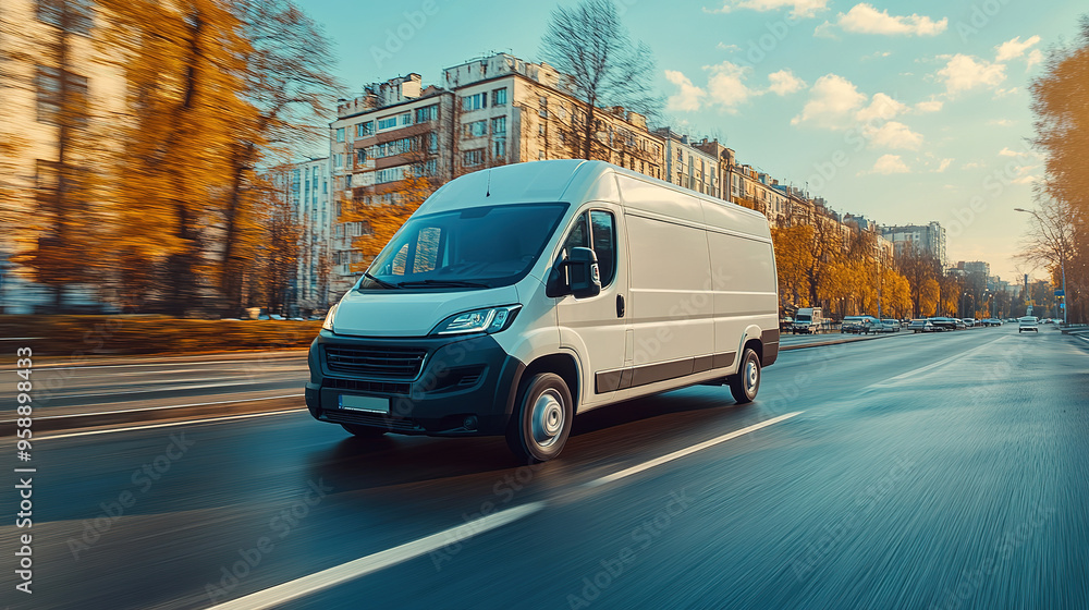 White modern delivery small shipment cargo courier van moving fast on motorway road to city White modern delivery small shipment cargo courier van moving fast on motorway road to city
