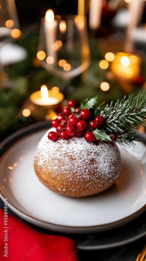 Traditional Christmas cake with powdered sugar and berries placed on a festive table with candles elegant and delicious holiday dessert theme white and red palette Traditional Christmas cake with powdered sugar and berries placed on a festive table with candles elegant and delicious holiday dessert theme white and red palette