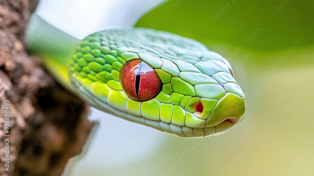 A close up of a green snake with red eyes on the tree, AI A close up of a green snake with red eyes on the tree, AI