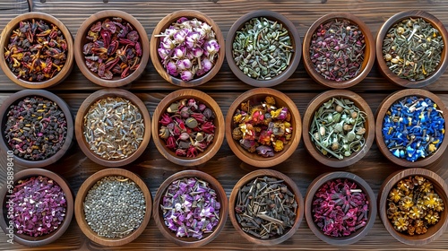 Top view of various colorful dried herbs and flowers arranged in wooden bowls, symbolizing natural healing and herbal medicine. Ideal for wellness, herbalism, and holistic health projects.