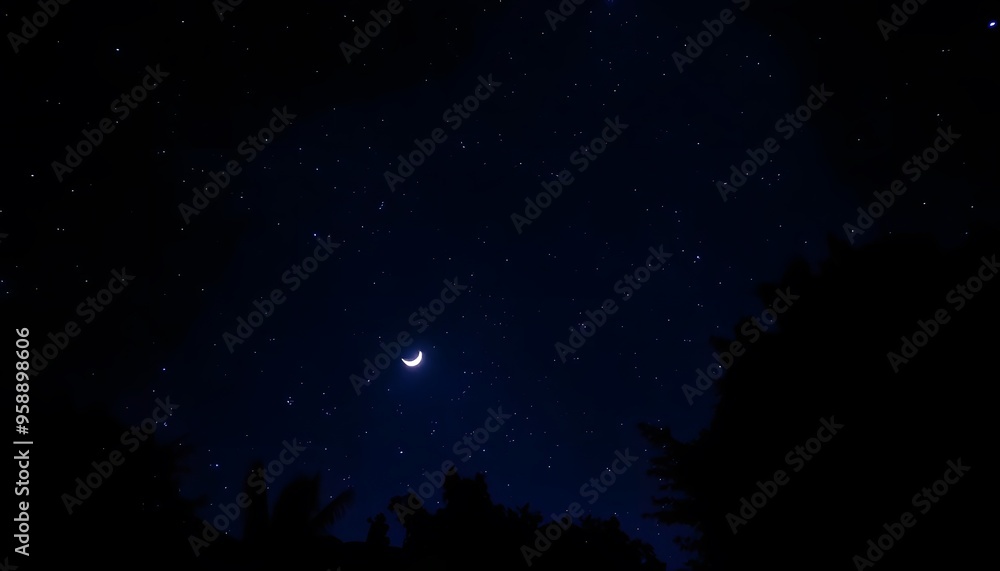 A crescent moon in a dark blue night sky, with silhouetted pine trees in the foreground A crescent moon in a dark blue night sky, with silhouetted pine trees in the foreground