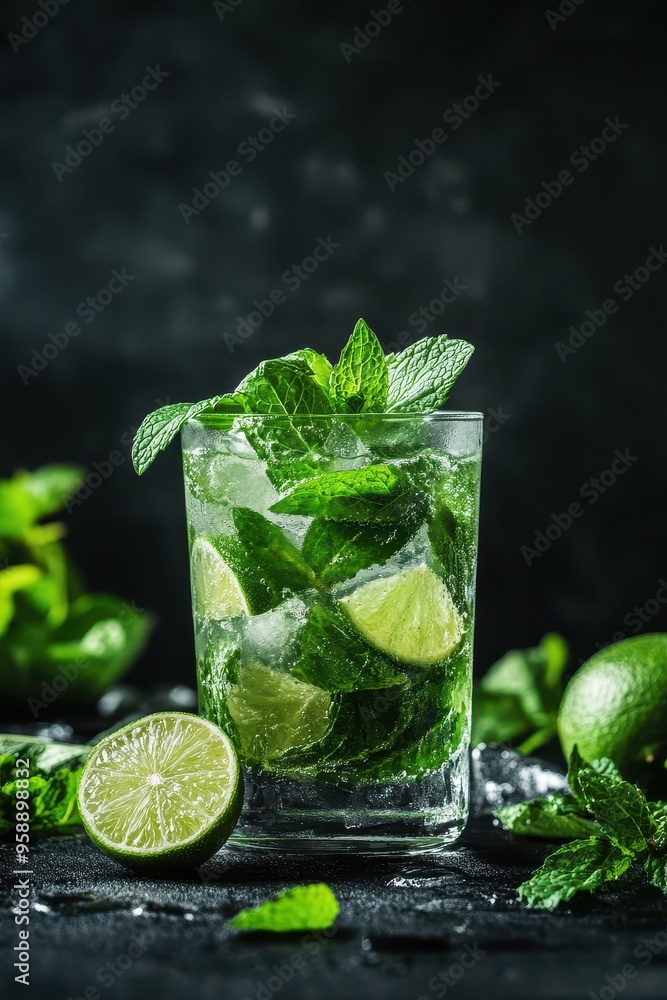 Refreshing Mojito Cocktail with Lime and Mint Leaves on Dark Background Refreshing Mojito Cocktail with Lime and Mint Leaves on Dark Background