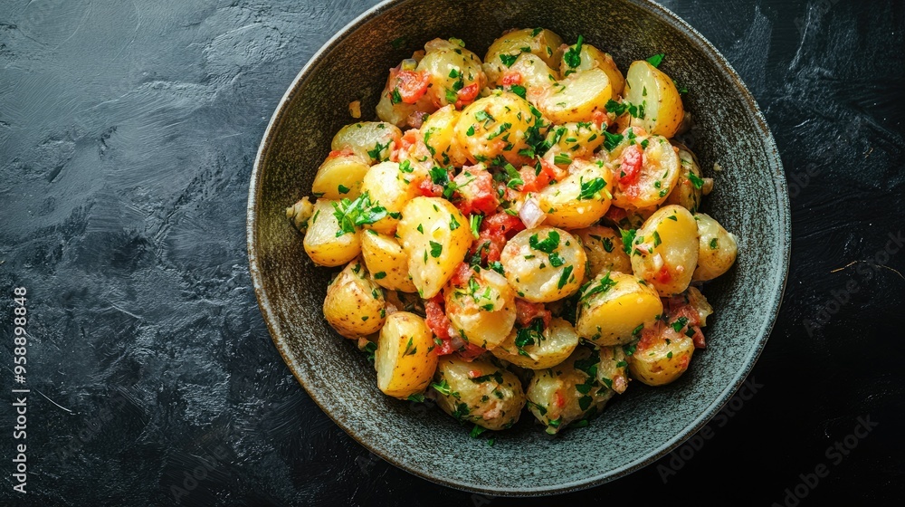 Top view of a bowl of warm German potato salad, with ample copy space around the dish. Top view of a bowl of warm German potato salad, with ample copy space around the dish.