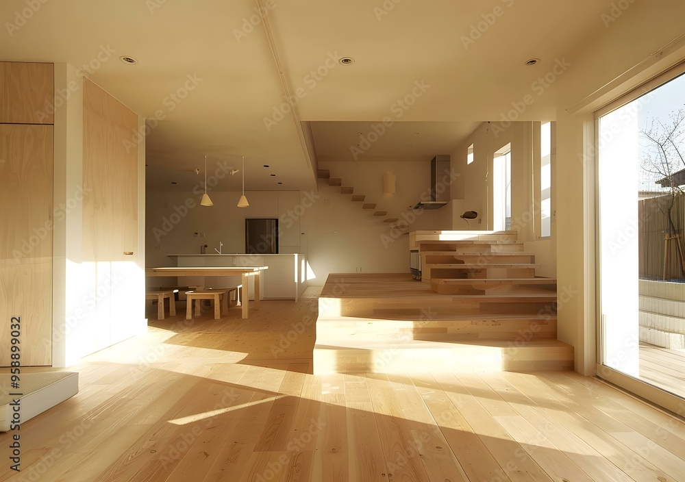 Obraz premium Modern Minimalist Interior Design with Wooden Stairs and Kitchen
