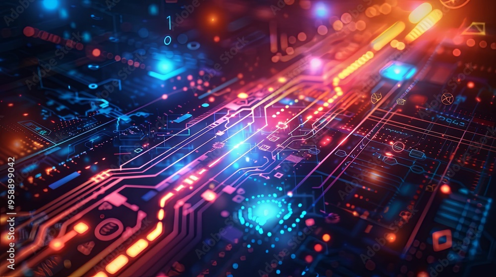 Abstract Circuit Board with Red and Blue Glowing Lines Abstract Circuit Board with Red and Blue Glowing Lines