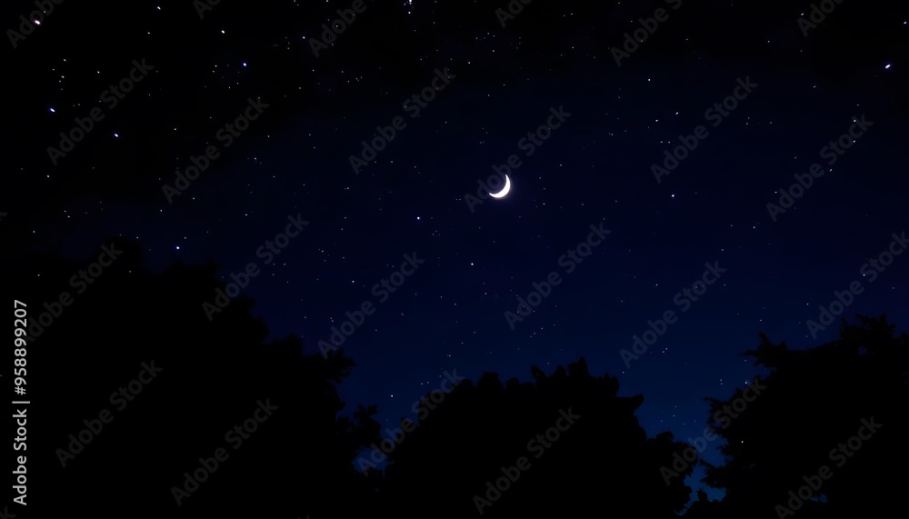 A crescent moon in a dark blue night sky, with silhouetted pine trees in the foreground A crescent moon in a dark blue night sky, with silhouetted pine trees in the foreground