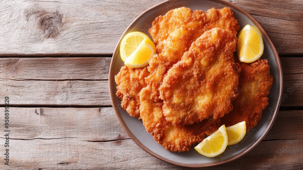 Top view of a classic schnitzel with lemon wedges on a wooden table, with plenty of space for text. Top view of a classic schnitzel with lemon wedges on a wooden table, with plenty of space for text.