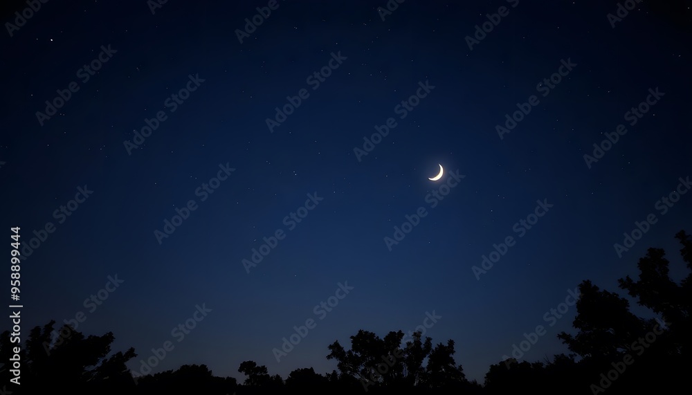 A crescent moon in a dark blue night sky, with silhouetted pine trees in the foreground A crescent moon in a dark blue night sky, with silhouetted pine trees in the foreground
