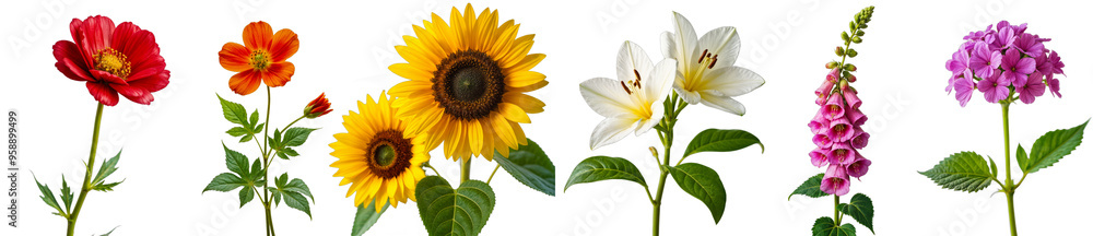 Fototapeta premium A Rainbow of Blooms: A vibrant collection of flowers in full bloom, showcasing the beauty and diversity of nature. Each flower stands tall and proud, radiating color and life.