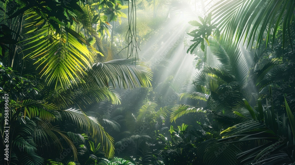 Naklejka premium Sunlight Filtering Through Lush Green Tropical Rainforest Canopy with Dense Foliage