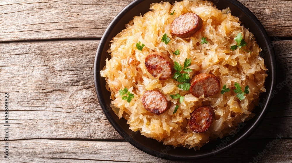 Top view of a delicious German sauerkraut and sausage dish, with a clean background for text. Top view of a delicious German sauerkraut and sausage dish, with a clean background for text.