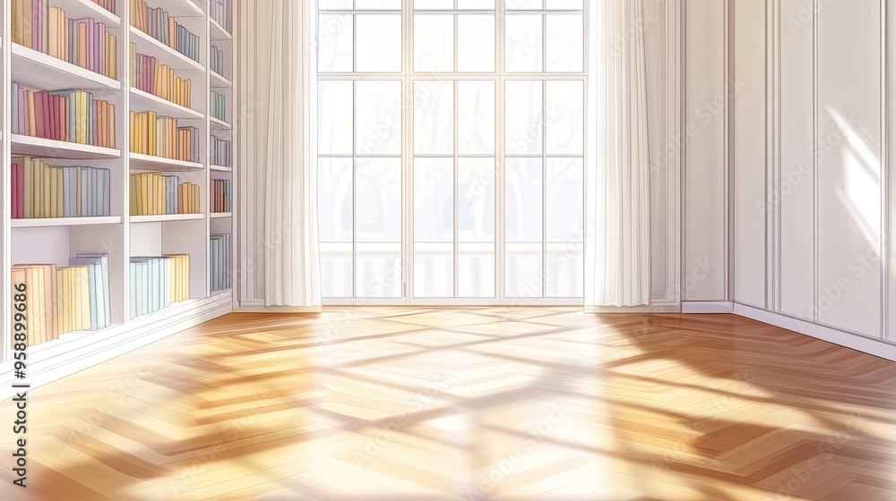 A bright, serene room with a bookshelf and large windows, creating a peaceful atmosphere. A bright, serene room with a bookshelf and large windows, creating a peaceful atmosphere.