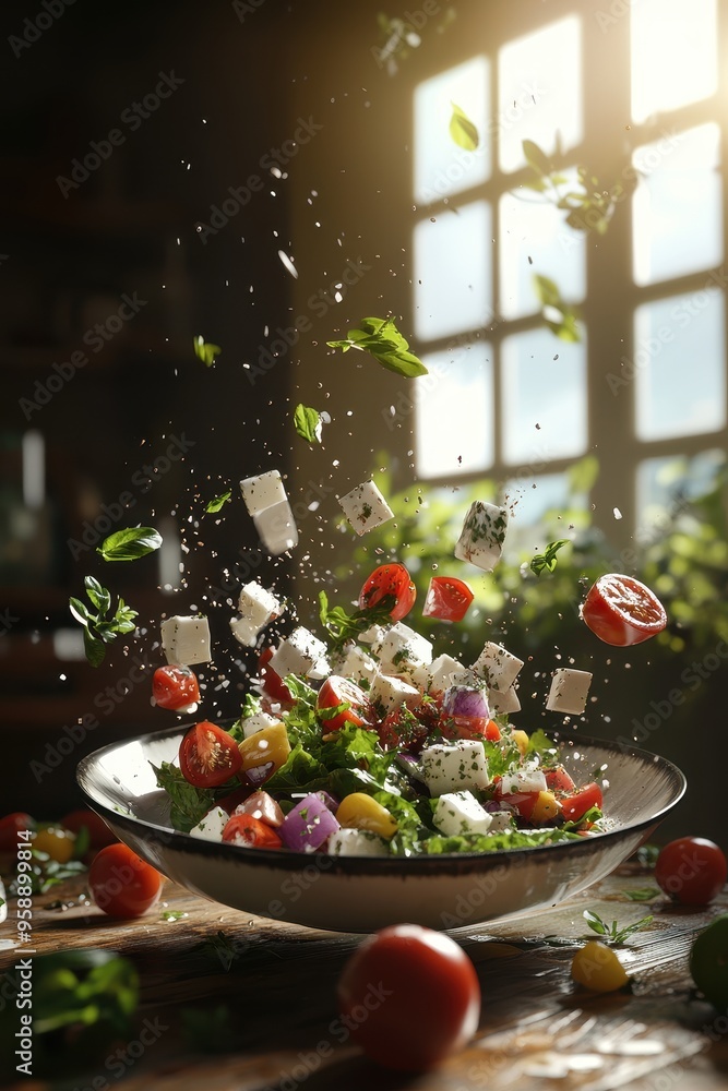 Fresh Vegetable Salad with Feta Cheese and Herbs Tossed in Air in Rustic Kitchen with Sunlight Fresh Vegetable Salad with Feta Cheese and Herbs Tossed in Air in Rustic Kitchen with Sunlight