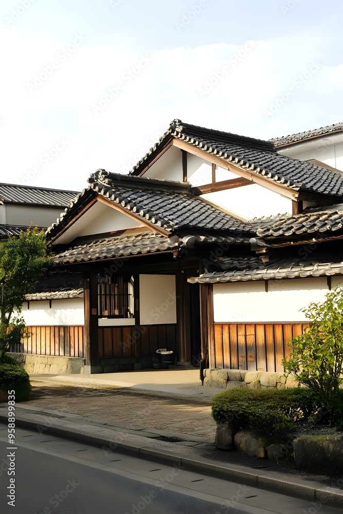 Traditional Japanese House with Tile Roof and Wooden Walls Traditional Japanese House with Tile Roof and Wooden Walls