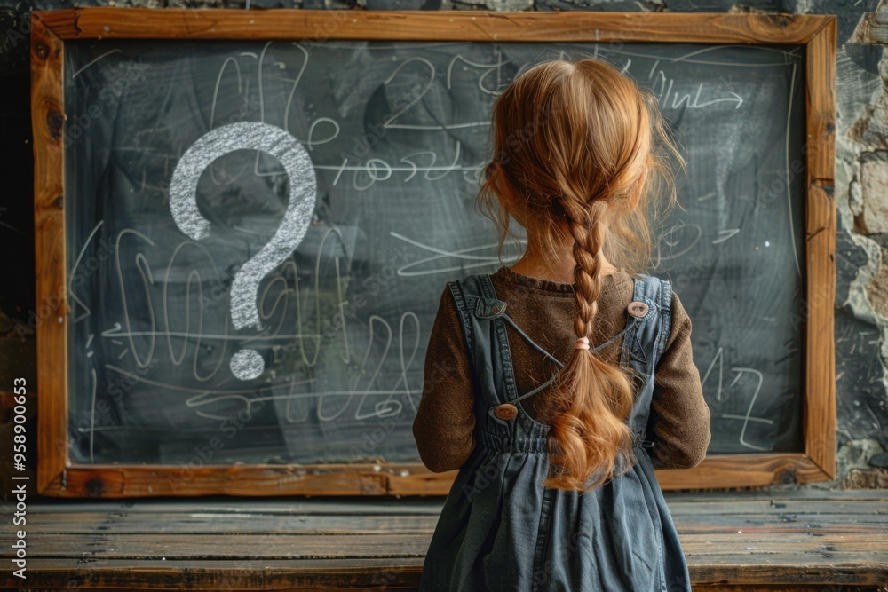 Obraz premium Little girl standing in front of a chalkboard with question mark