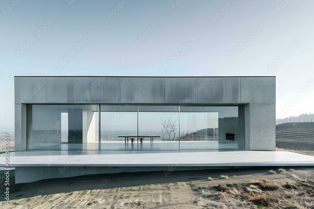 Modern Concrete House with Large Glass Windows and View of Landscape Modern Concrete House with Large Glass Windows and View of Landscape