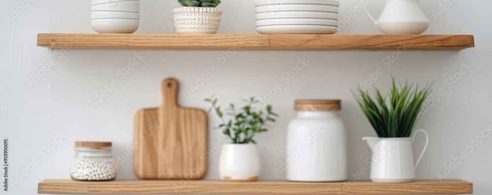 Beautiful arrangement of kitchen essentials on wooden shelves, featuring plants, ceramics, and cutting boards for a cozy atmosphere. Beautiful arrangement of kitchen essentials on wooden shelves, featuring plants, ceramics, and cutting boards for a cozy atmosphere.