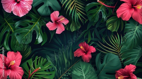 Vibrant Tropical Background with Lush Green Leaves and Bright Pink Hibiscus Flowers