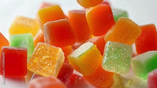 CBD gummy candy falling on a white background