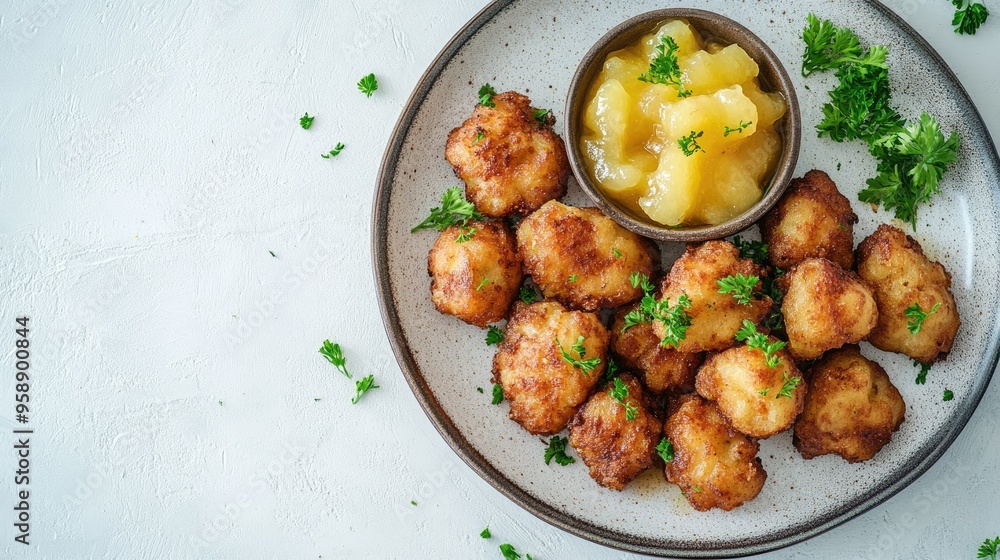 Top view of a plate of German kartoffelpuffer with applesauce, with room for text on a clean background. Top view of a plate of German kartoffelpuffer with applesauce, with room for text on a clean background.