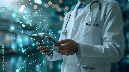 Doctor using a tablet with abstract digital connections, symbolizing modern healthcare technology and innovation. Ideal for medical tech, healthcare advancements, and digital health concepts. photo