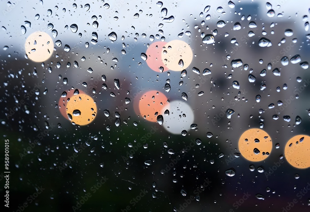 Raindrops on a window with a blurred green lawn and colorful lights in the background Raindrops on a window with a blurred green lawn and colorful lights in the background