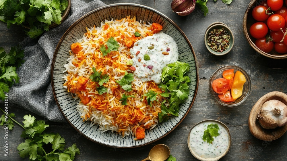 Top view of a plate of Indian biryani with raita and salad. Room for text. Top view of a plate of Indian biryani with raita and salad. Room for text.