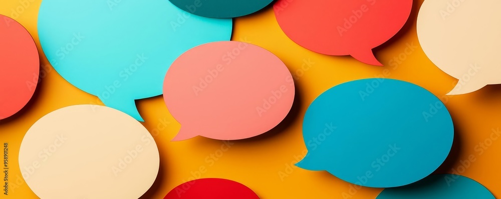 Colorful speech bubbles on a yellow background. Concept for communication and discussion. Colorful speech bubbles on a yellow background. Concept for communication and discussion.