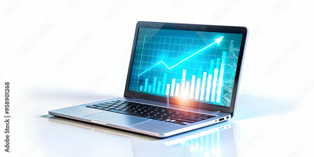 Flat Laptop with Holographic Charts Projection: Smart Business Technology in Vector Illustration Flat Laptop with Holographic Charts Projection: Smart Business Technology in Vector Illustration