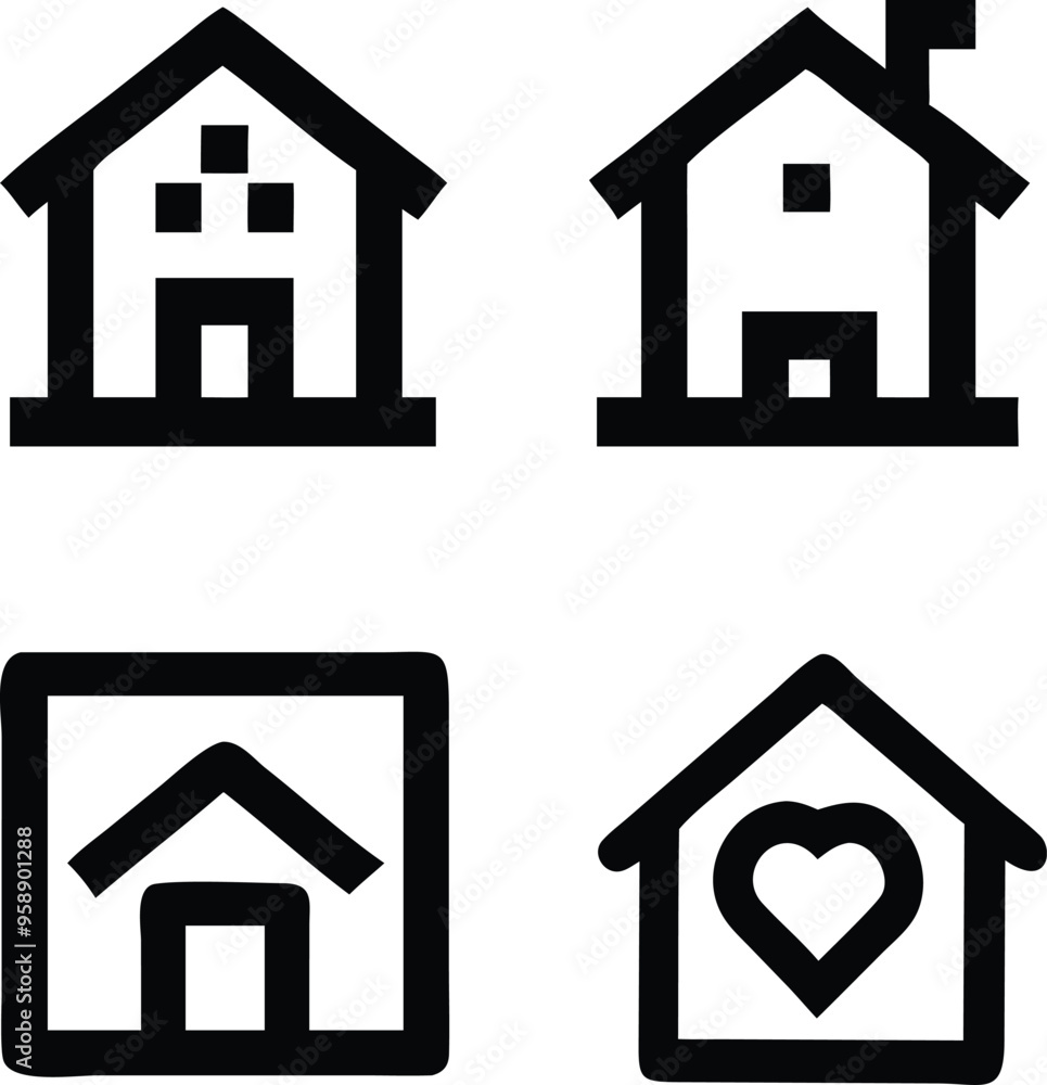 A comprehensive set of home icons designed for digital platforms, offering a range of house shapes from traditional to modern. This collection includes multiple variations, such as simple rooftops, A comprehensive set of home icons designed for digital platforms, offering a range of house shapes from traditional to modern. This collection includes multiple variations, such as simple rooftops,