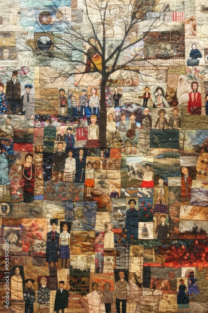 Patchwork Quilt Display with Diverse Cultural Motifs and Rich Traditions in Artistic Embroidery