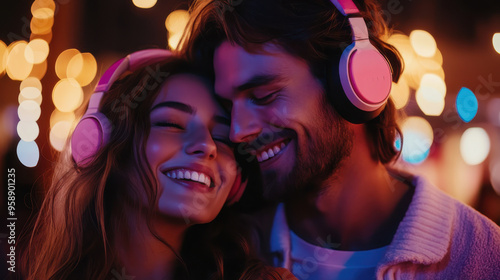 Wallpaper Mural Close up of happy young couple having fun at park while listening to music. Torontodigital.ca